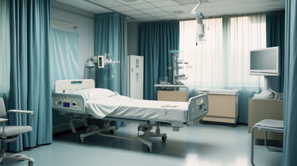 Empty bed in a hospital room awaits treatment from the doctor. Patient room background, insurance concept.