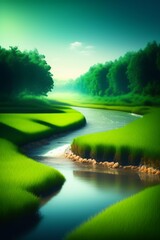 river flowing in middle of a green field, within a water drop logo vectorial simple