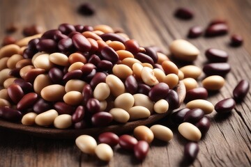 Assorted beans in bowls on a wooden background