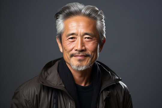 Studio Portrait Of Handsome Middle Age Asian Man Standing On Different Colours Background