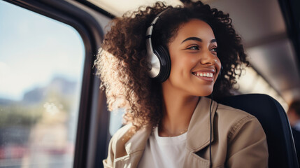 Young beautiful African American woman wearing headphones and listening to music while sitting on a bus.