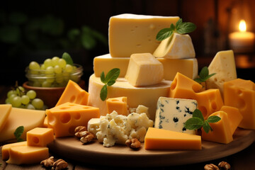 Backgrounds made of cheese arranged in pieces on top of each other, Cheese Delights: A Gourmet Assortment