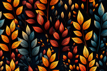 Pattern with Leaves. Autumn Leaves Background. Colorful Leaves on Black. Generative AI. 