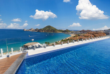 Scenic panoramic aerial view of Los Cabos landmark tourist destination Arch of Cabo San Lucas.