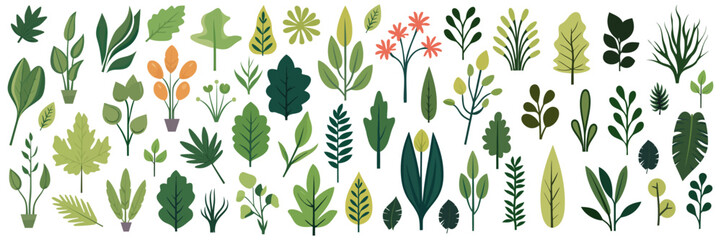 Abstract foliage collection. Botanical futuristic elements in flat style isolated on white background. Vector illustration