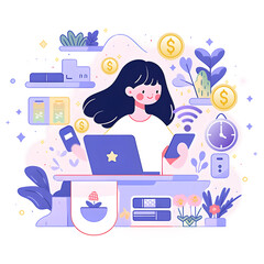 Young women are using technology to work online and are using online shopping communication tools,Ai generative