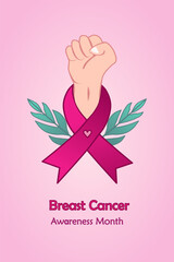 Breast Cancer awareness vertical banner illustration. A hand with pink ribbon. Healthcare campaign.