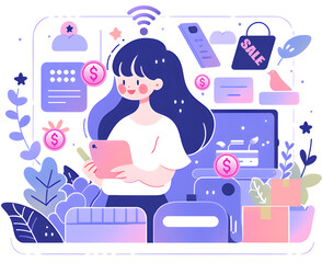 Young women are using technology to work online and are using online shopping communication tools.