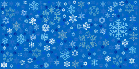 Set of cartoon snowflakes, for greeting card, invitation, banner, fabrics, wrapping paper, web. Winter holidays. On a blue background.