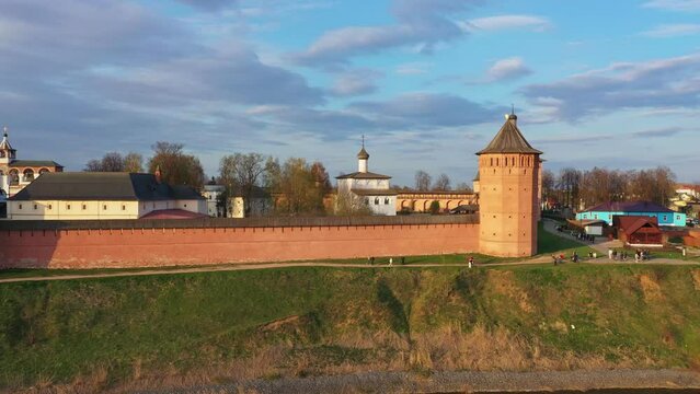 The Saviour Monastery of St. Euthymius in Suzdal, Russia, founded in 1352. Side aerial view of ancient brick walls 