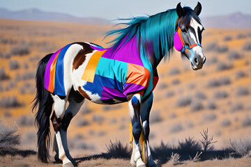 Picture a wild horse wearing colorful clothes.
Generative AI