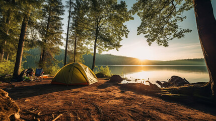 Enjoy the outdoors at a campsite in nature and by the lake.
