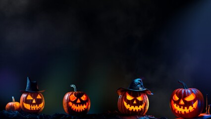 Halloween background, Jack-o-lanterns on dark neon background, scary pumpkins, Fog, haze