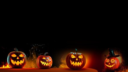 Halloween background, Jack-o-lanterns black background, scary pumpkins on fire