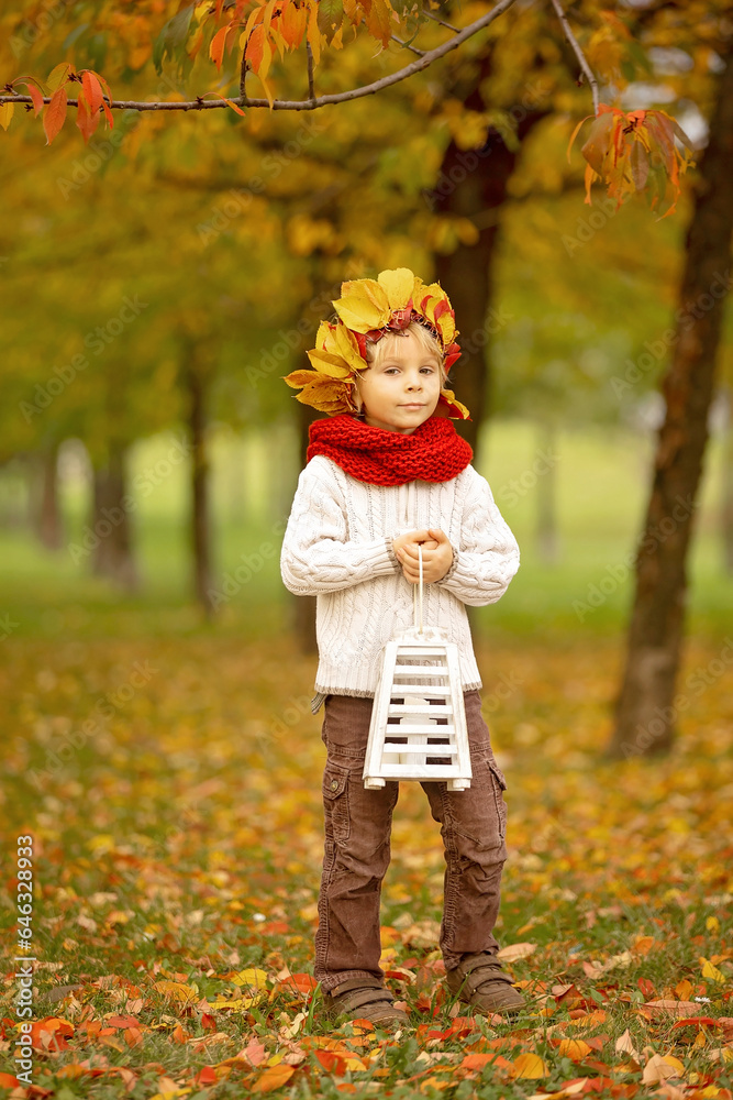 Wall mural Adorable little child, blond boy with crown from leaves in park on autumn day.