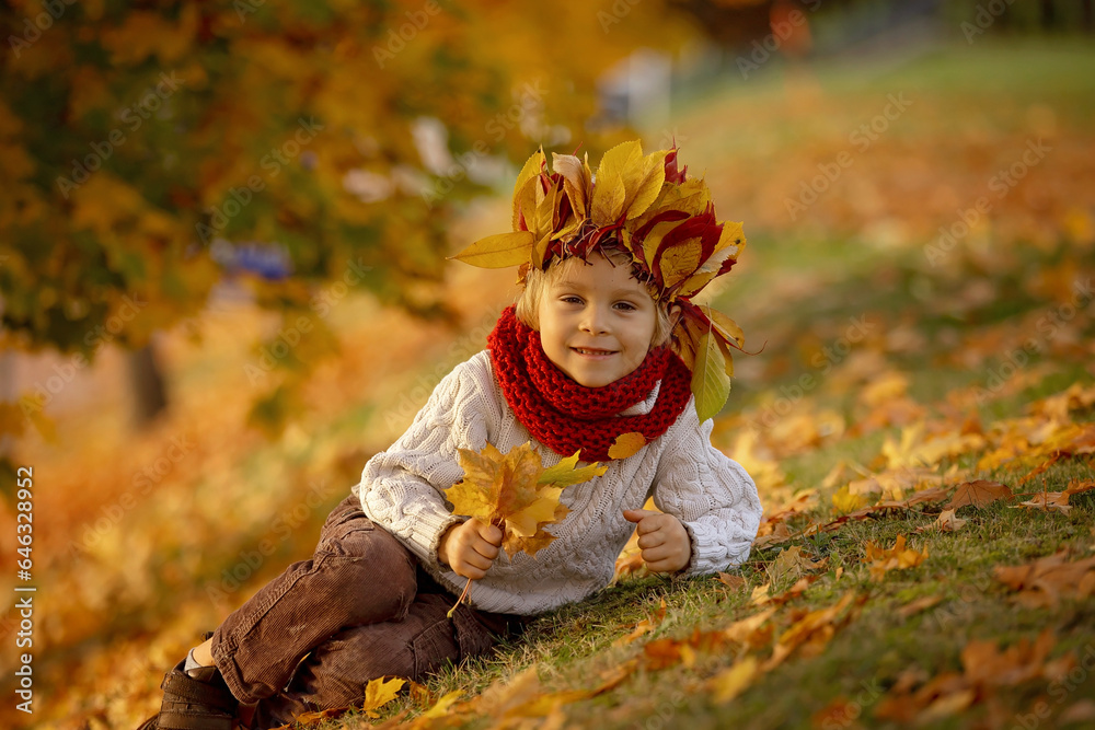 Poster Adorable little child, blond boy with crown from leaves in park on autumn day.