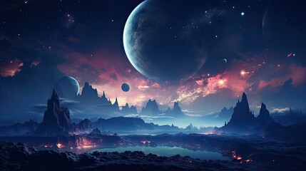 Fototapeta premium Outer space scene with planets and galaxies illustration.