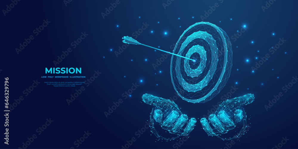 Fototapete abstract digital businessman gesture protecting dartboard with bow arrow. futuristic low poly wirefr