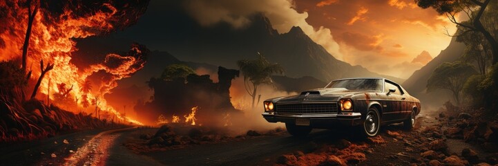 Infernal Pursuit on Asphalt - Hellraiser Car Driving toward Erupting Volcano - Stock Photo Artistry - Car Lava Backdrop and Empty Copy Space for Text Wallpaper created with Generative AI Technology