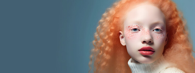 Obraz premium Beauty portrait of an albino girl with styled hair and pink flowers, concept of a beauty salon, skin care, space for text