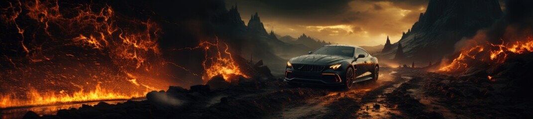 Infernal Pursuit on Asphalt - Hellraiser Car Driving toward Erupting Volcano - Stock Photo Artistry - Car Lava Backdrop and Empty Copy Space for Text Wallpaper created with Generative AI Technology - obrazy, fototapety, plakaty