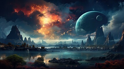 Outer space scene with planets and galaxies illustration.