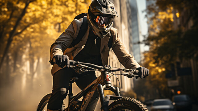 A guy in full cover by brown jacket , backpack cycling gloves and bike helmet riding bicycle on a city avenue  - Powered by Adobe