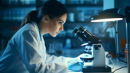 Female microbiologist checking medical samples using microscope in a tech-driven lab, healthcare innovation concept