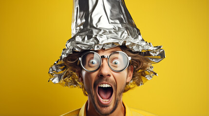 Studio portrait of crazy young guy with glasses and tin foil hat, conspiracy theorist, yellow colors, copy space