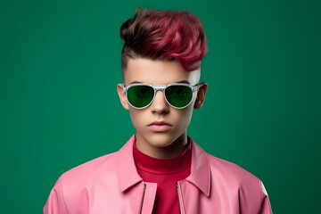 Colorful studio portrait of a cool teenager boy with age specific outfit and accessories. Bold, vibrant and minimalist. Generative AI