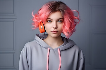 Colorful studio portrait of a cool teenager girl with age specific outfit and accessories. Bold, vibrant and minimalist. Generative AI