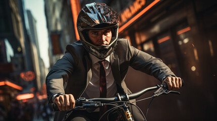 A business man in formal grey suit and bike helmet riding bicycle on city street in full speed mode 