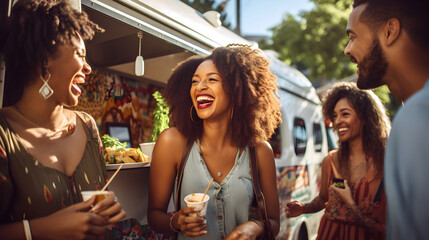 Group of happy friends enjoying outside a food truck during a summer outing