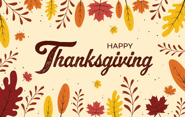 Hand drawn elements with Thanksgiving typography poster banner. Celebration quote Happy Thanksgiving on textured background for postcard, autumn icon, logo or badge.