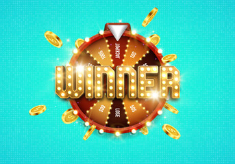 Shining Winner sign with wheel of fortune and golden coins. Vector illustration