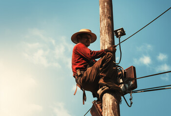 A Latino electricians man risk his life to climbing of high-voltage wooden pole with a few of safety equipment  no safety ropes, casual clothing and straw hat to repair electricity line - obrazy, fototapety, plakaty