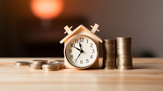 Miniature home and stack of cents kept in front of an alarm clock, home loan emi concept