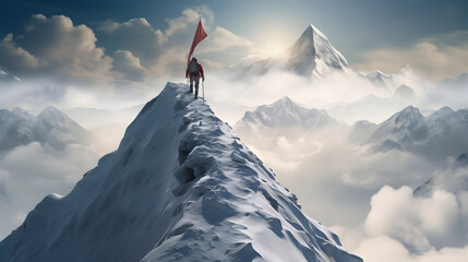 Mountain climber reaches on the peak of snow covered mountain to put a flag