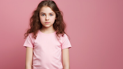 Studio portrait of caucasian pre-teen girl, long brown hair, pink colors, copy space