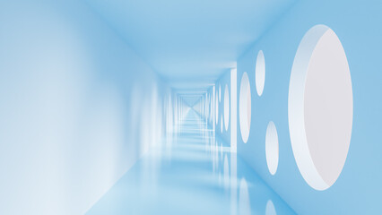 Captivating 3D Background, Blue Shadows and Light Tunnel with Round Windows, 3D render