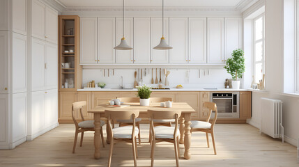 Fototapeta premium Scandinavian classic kitchen with white wooden work, minimalistic interior design