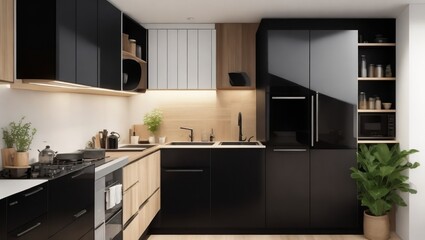 A contemporary, compact kitchen with black appliances, including an oven, a sink, and a refrigerator, and a wooden countertop.