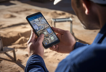 A male worker in blue shirt using smartphone showing a work site map on construction area