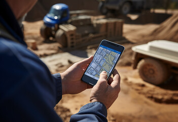 A man using smartphone showing a work site map on construction area - obrazy, fototapety, plakaty