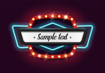 Shining retro neon billboard. Vintage bright sign board for your design. Vector illustration.