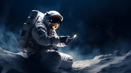Astronaut using smartphone in space - obrazy, fototapety, plakaty