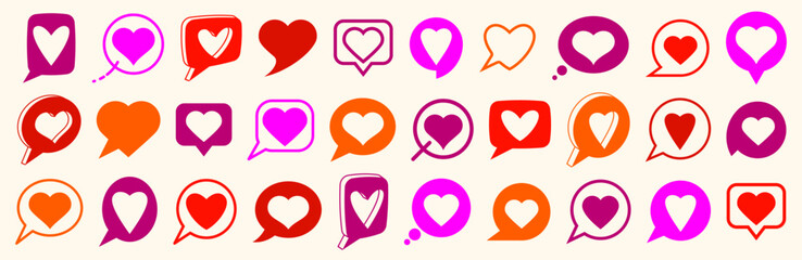 Hearts in speech bubbles vector logos or icons set, love message in chat concept, comment or mark in social media, communication romantic note.