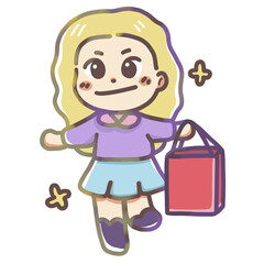 Shopping girl with shopping bag hand draw cartoon character