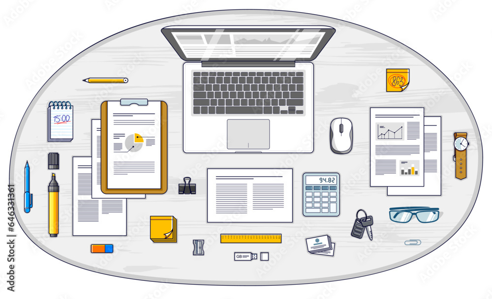 Poster Office employee or entrepreneur work desk workplace with laptop computer and analytics papers with graphs and data and stationery objects on table. All elements are easy to use separately. Vector.