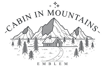 Cabin in mountains linear vector nature emblem isolated on white, log cabin cottage for rest in pine forest, holidays and vacations theme line art logo.